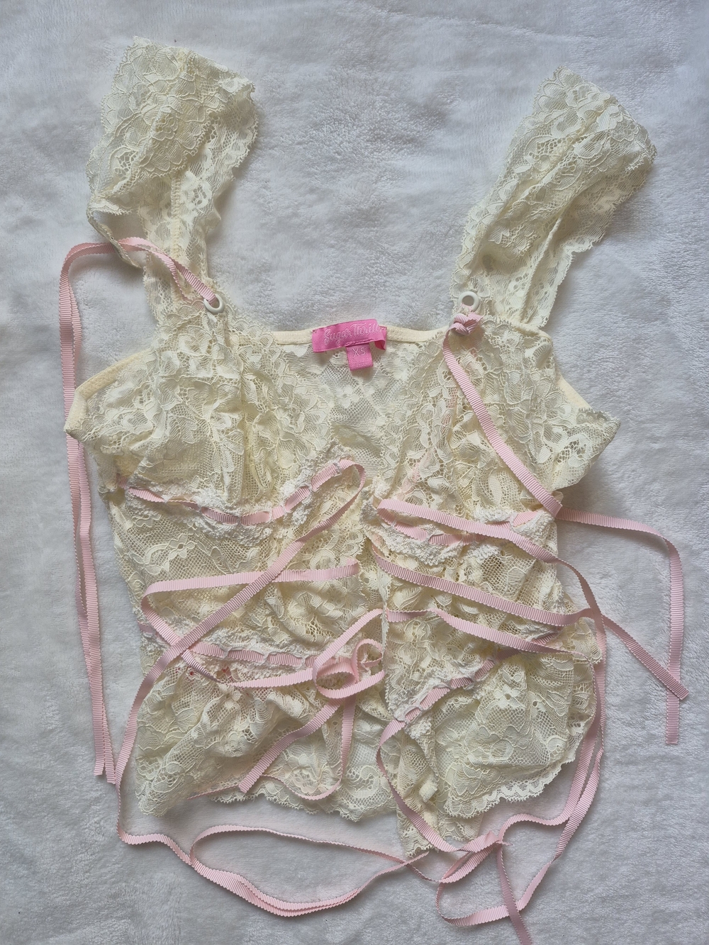 Lace Cream Corset Top Ivory with Pink Trim